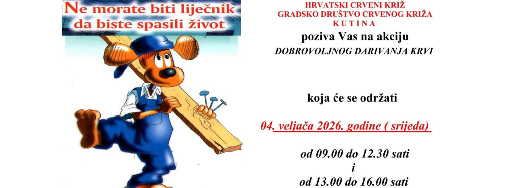 NAJAVA – Akcije dobrovoljnog darivanja krvi u Kutini u 2026. godini