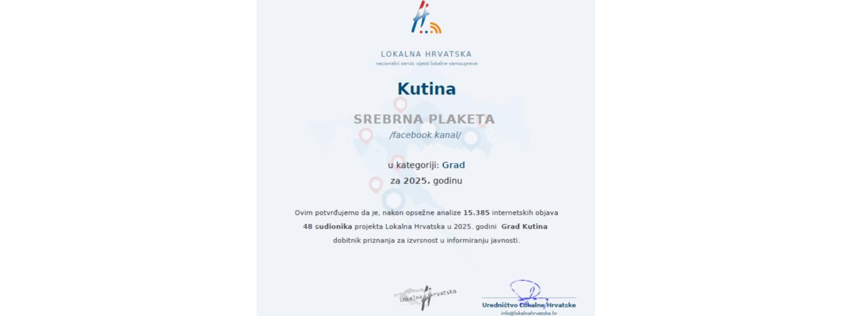 Grad Kutina dobitnik srebrne plakete za izvrsnost u informiranju javnosti