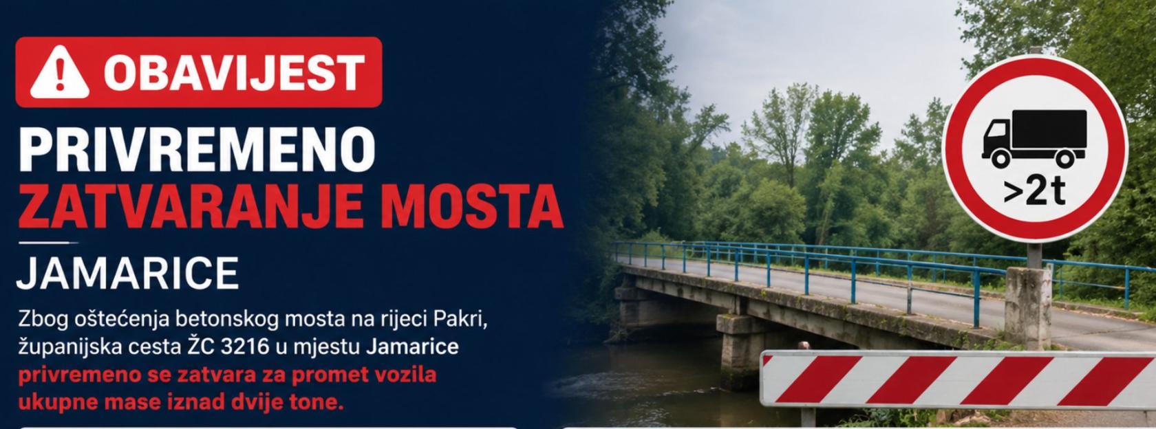 Privremeno zatvaranje mosta u Jamaricama za vozila iznad dvije tone