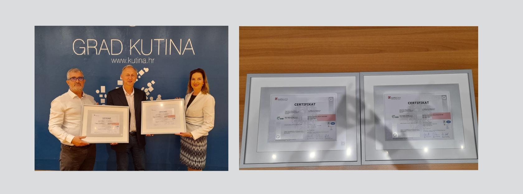 Službeno uručenje certifikata sustava upravljanja kvalitetom i sustava zaštite okoliša Eko Moslavini