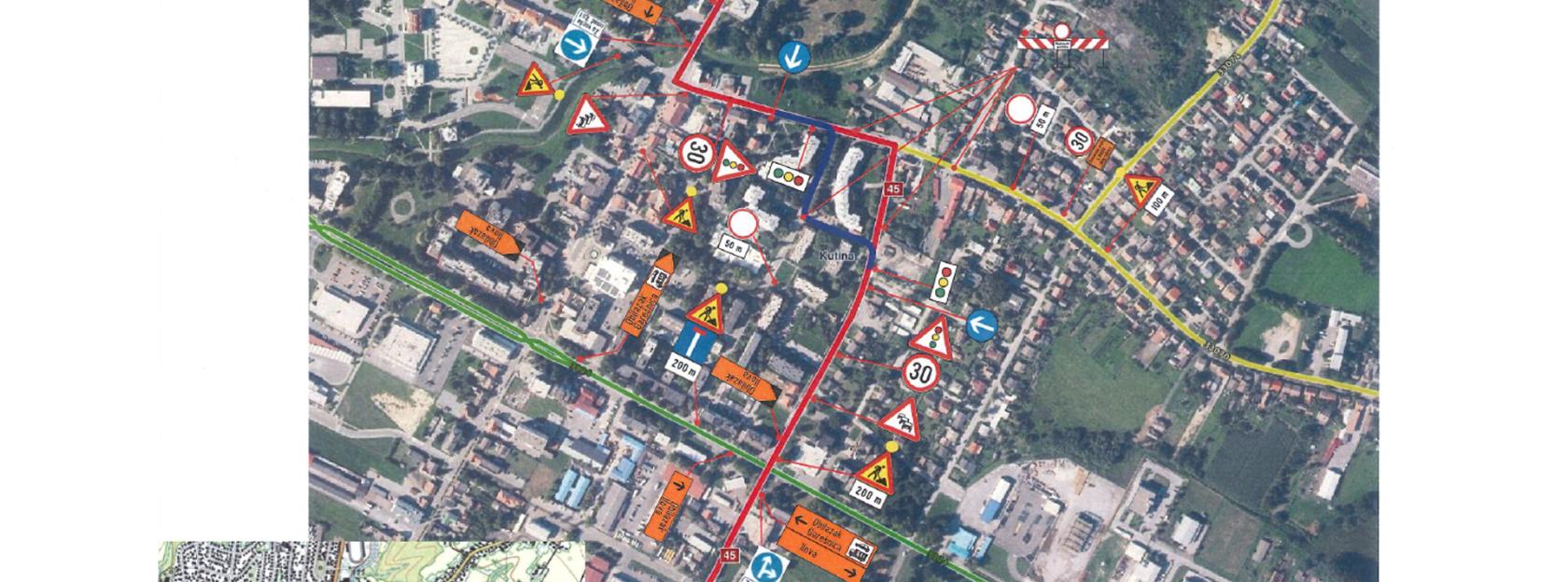 Obavijest o privremenoj regulaciji prometa na raskrižju ulica Vladimira Nazora i Kneza Ljudevita Posavskog u Kutini (državna cesta D45 u Kutini)